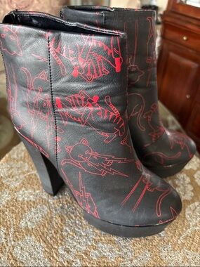 Iron Fist Black Ankle Boots with Red Cat Graphic